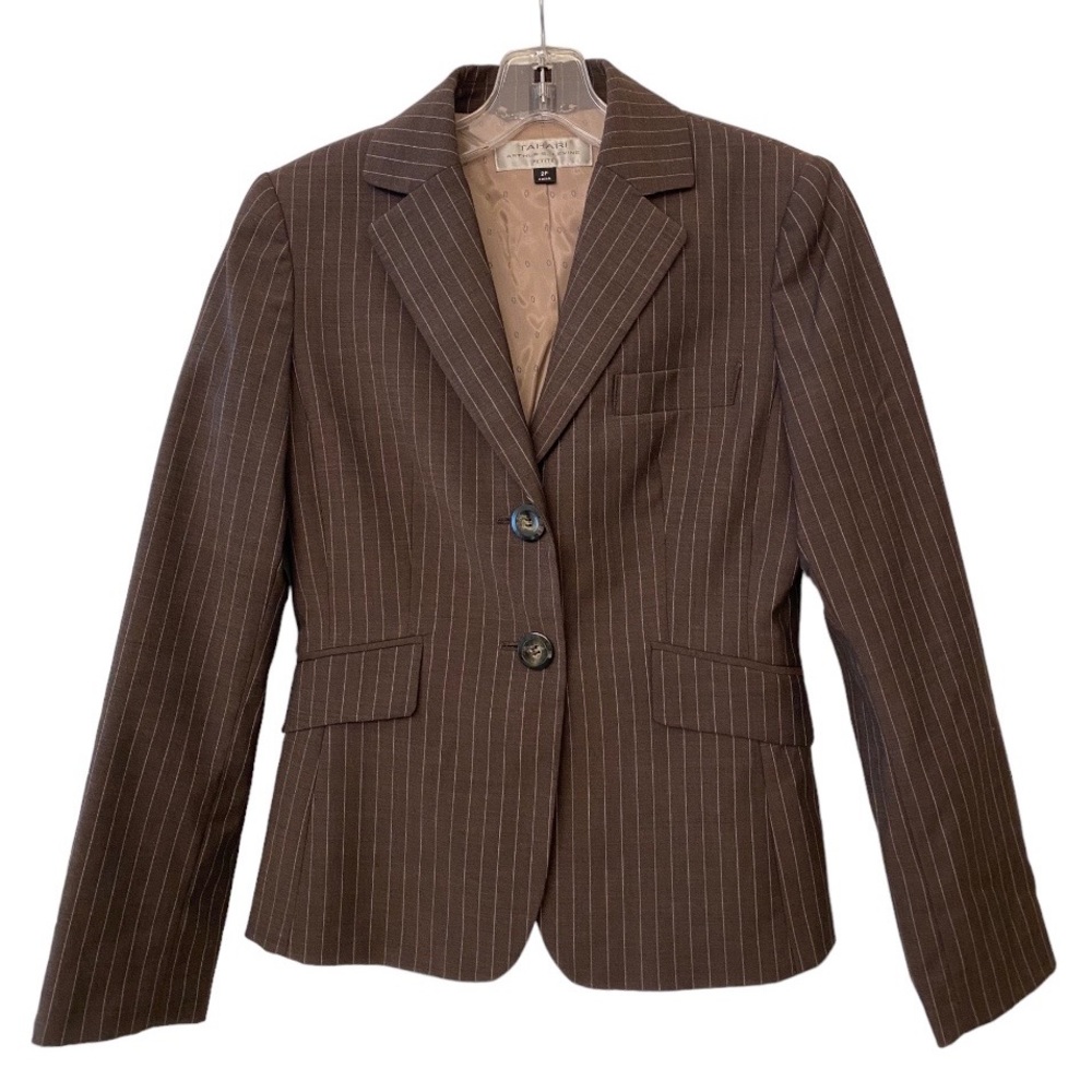 Tahari ASL Brown Pin Striped Lined Blazer Jacket Coat 2P